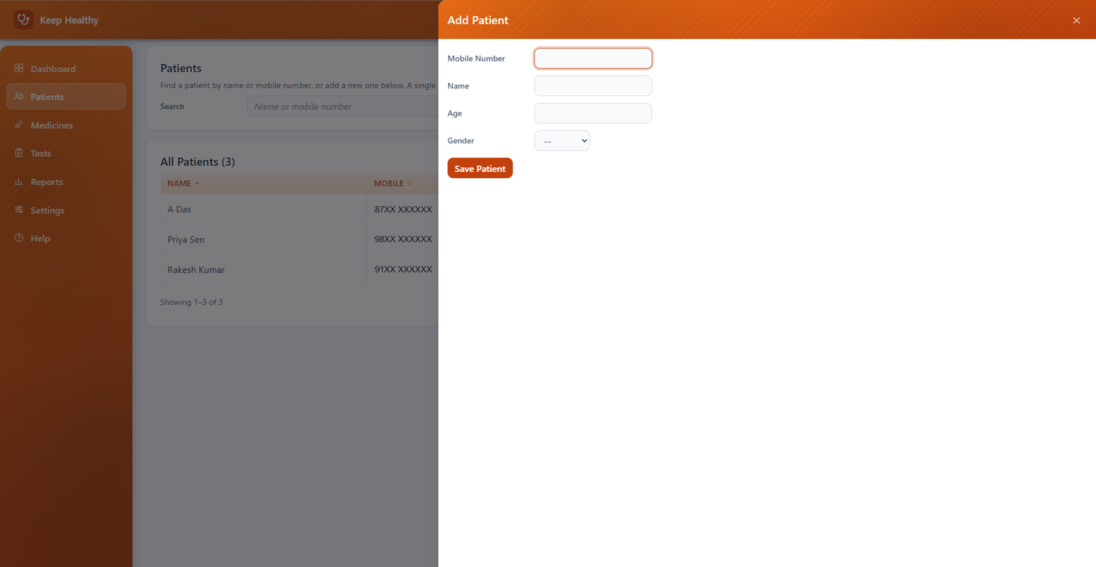 Add Patient form with mobile number, name, age, and gender fields