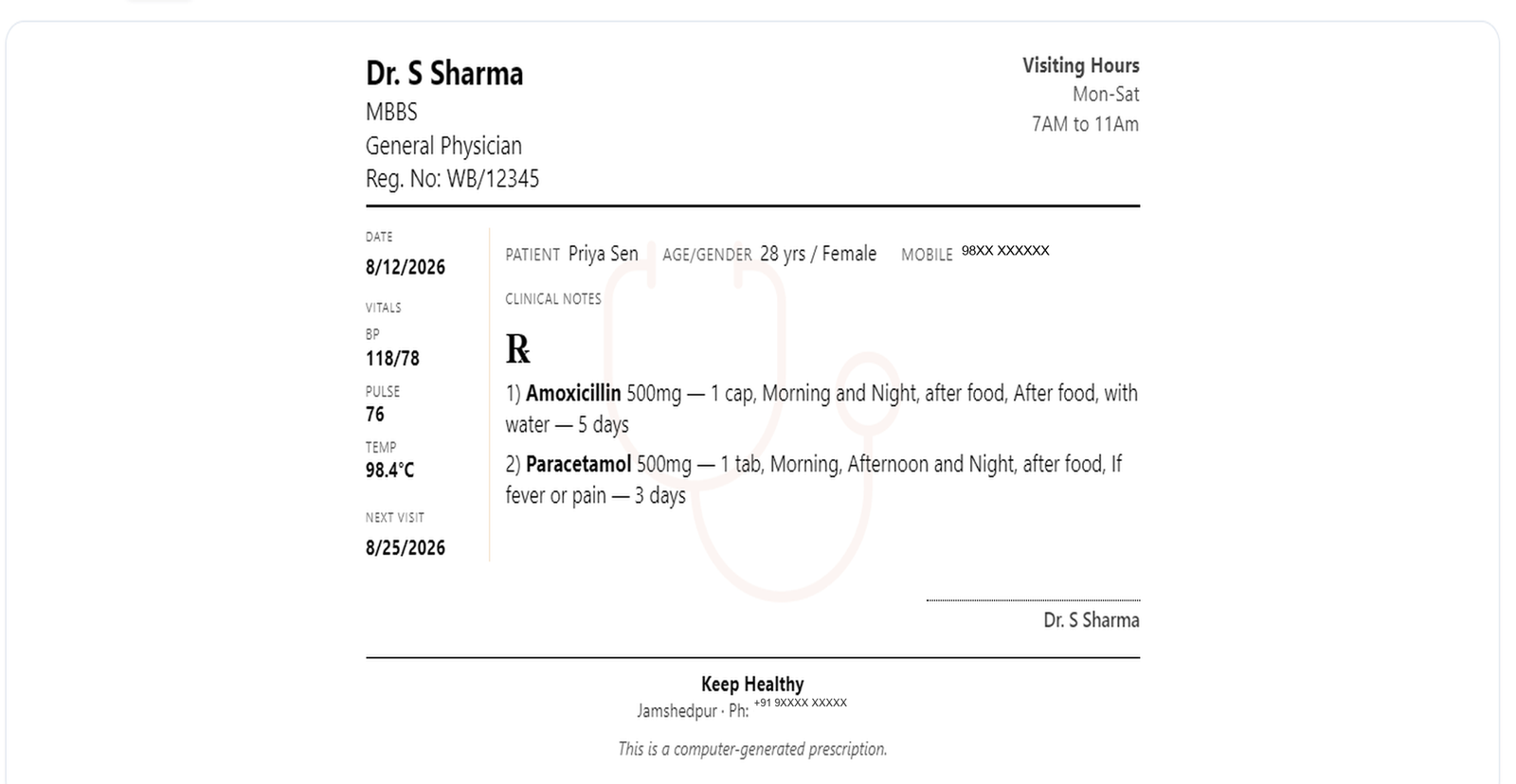 A4 print-accurate prescription preview with clinic letterhead, vitals, and medicines